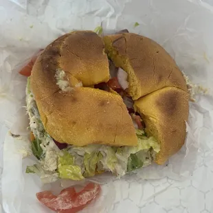 Tuna Salad with Lettuce, Onion, Tomato on an Egg Bagel