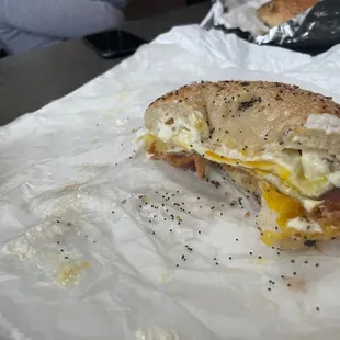 Beef bacon egg and cheese bagel