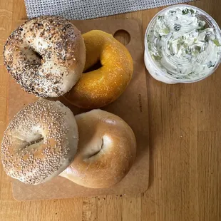 Sesame, Everything, Egg, and Plain Bagels with Scallion Cream Cheese!