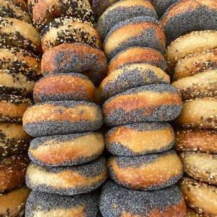 Fresh mini bagels boiled and baked fresh every morning before a market.