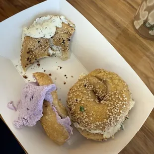Mini bagel flight  Ube with plain bagel  Dill with everything bagel  Spicy cream cheese with sesame bagel