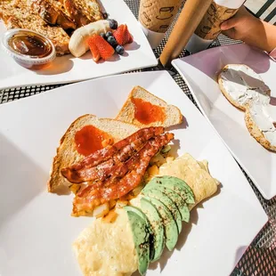 Scramble egg, french toast and everything bagel