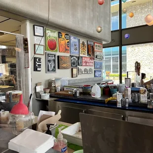 a view of a restaurant counter