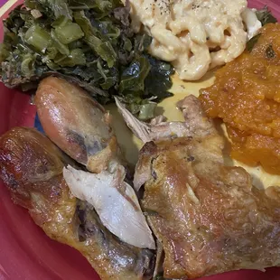 Drumsticks, a dang on thigh, turnips, mac &amp; cheese and sweet potatoes.