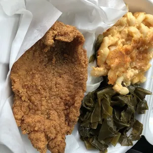 fried chicken, macaroni and cheese and collar greens