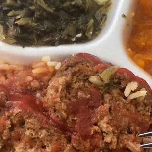 Meatloaf with rice, turnip greens, yams