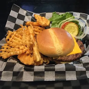Classic Burger with Cheese and Waffle Fries