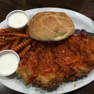 Huge Buffalo Chicken Sandwich and Sweet Potato Fries