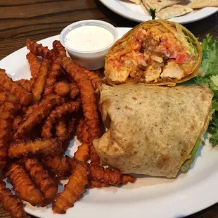 Buffalo Chicken wrap with sweet potato fries