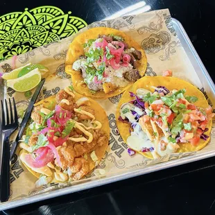 Taco Trio with Mahi, Bang Bang Shrimp and steak