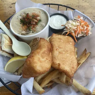 Cod fish and chips with a clam chowder