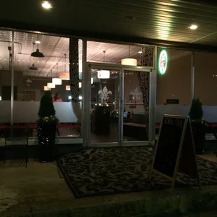 the entrance to a restaurant