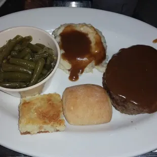 Hamburger steak, g beans, mashed and a chess square