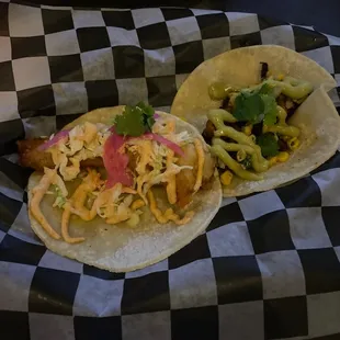 Tacos. Fried fish and pork belly