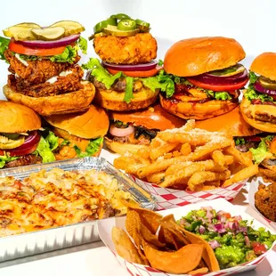 a variety of burgers and sides