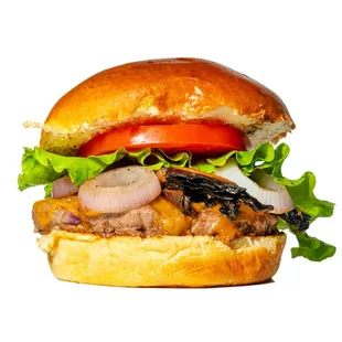 a hamburger with meat, onions, and lettuce