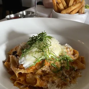 lamb ragu pappardelle and frites with rosemary aioli