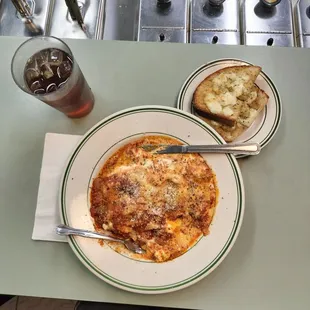 Lasagna served hot and freshly made not frozen. Served with fresh garlic bread.