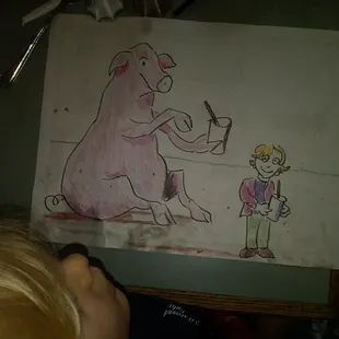 Here's the other crayon drawing... Little Junes having a drink with a cool pig... drawing done while waiting for a very good bur