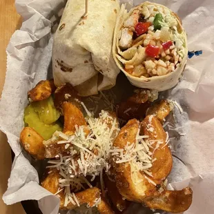 Jerk chicken wrap w/ garlic parm fries