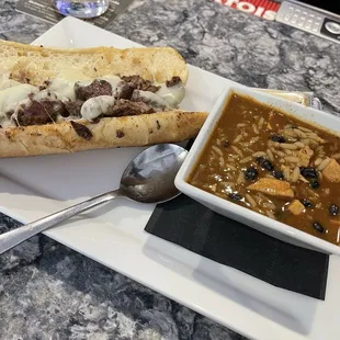 Steak and cheese Sammi with soup of the day.