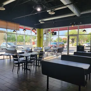 tables and chairs in a restaurant