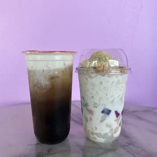 Left: Winter Blossom Milk Tea Right: Che Thai with Durian