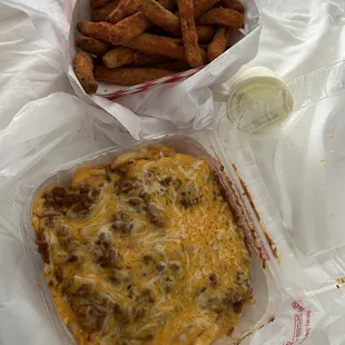 Chili cheese fries and zucchini fries