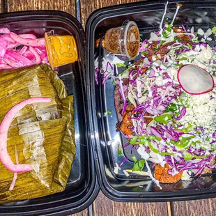 Tamale on the right and Gordita de Queso Oaxaca al Pastor (GF) on the left