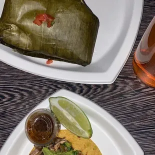 vegan tamale and spinach and mushroom taco