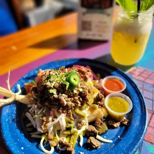 Tamales: carne asada y pollo with pineapple agua fresca