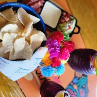 El Trio, chips, salsa, queso and guacamole