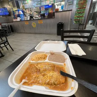 Combo No. 2 - 1 Tamale, 1 Crispy Smothered Chile Relleno, beans and rice