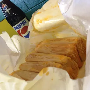 Half dozen tamales at Tamale Kitchen. Mexican Pepsi, too!