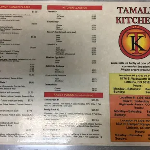 Combos and al la carte menu