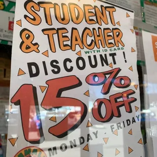 student and teacher discount sign