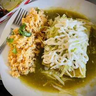 Chicken Enchiladas, double rice, no beans