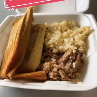 2 Tamales, Beans, Rice Salsa Combo