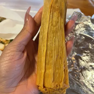 a hand holding a tamale
