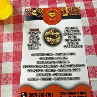 a menu for a restaurant