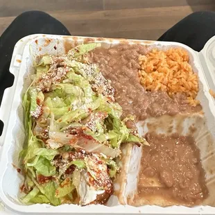 Tamale with Beans, lettuce, and Spanish rice. Apparently it is the special today.