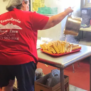 The chef/owner churns our batches upon batches of fresh tamales right out of the steamer.  Look at that steam!