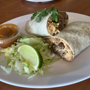 Asada Burrito with rice and beans.