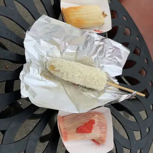 Elote, strawberry and pork tamale