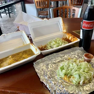 My non traditional breakfast of tamale, cheese enchilada, bean tostada with Mexican Coke. Sadly in take out containers dining in.