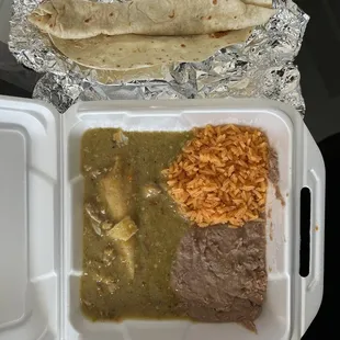 Two tamale plate (one red &amp; one green chili) w/ added rice