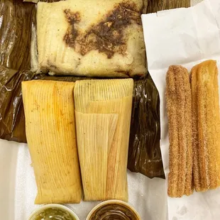 Top: Tamales Oaxaquenos Bottom: chicken and porc tamales  Then of course have to get churros