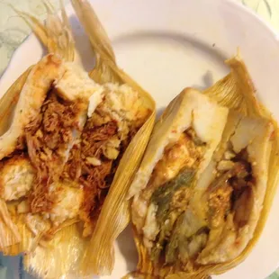 Beef tamale (left), Green chile and cheese tamale (right)