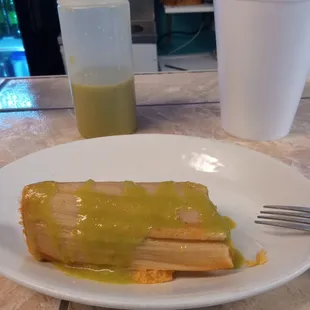 Chicken tamale and Watermelon juice.