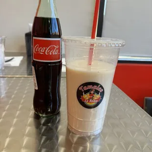 Homemade horchata and old fashioned coke